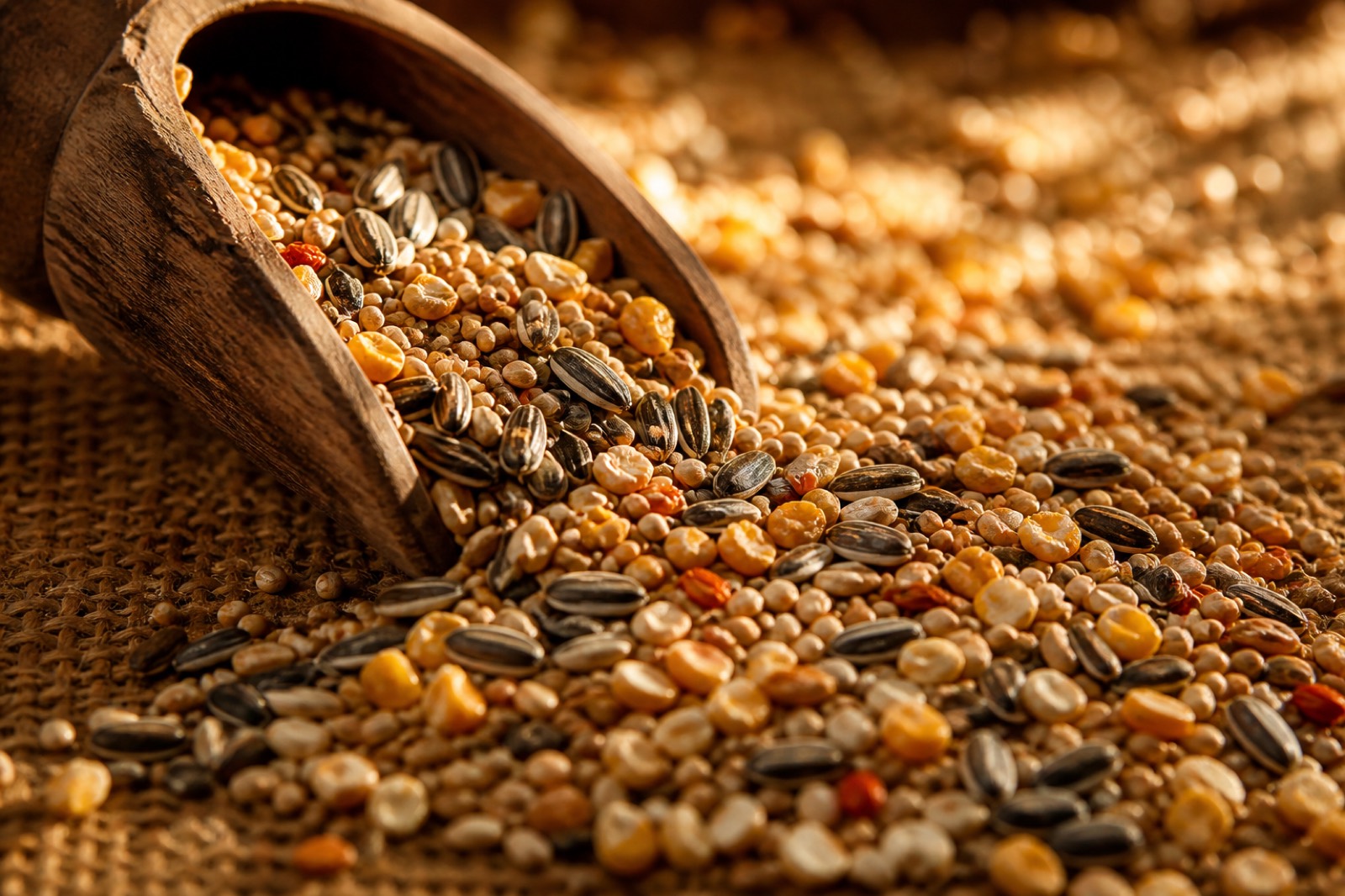Mixed sunflower, millet and grain bird feed pouring from a wooden mill scoop